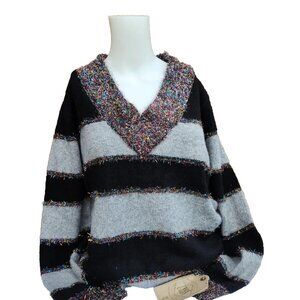 True Craft Sparkle Sweater Women S Black/Grey Striped Glitter Pullover NWT RT$48